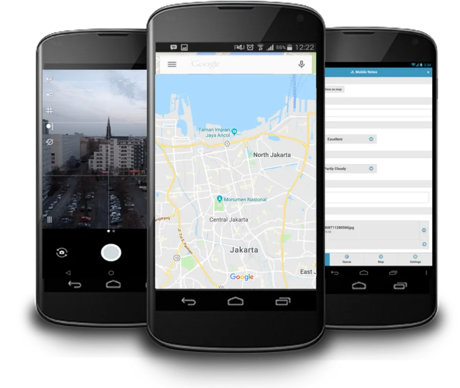 Aplikasi survei Android di tiga ponsel: kamera foto bukti, peta lokasi, dan formulir isian lapangan.