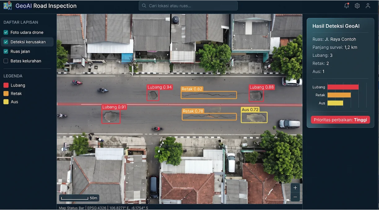 Hasil deteksi objek GeoAI pada citra jalan