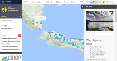 WebGIS sebaran bendungan dengan panel informasi wilayah dan pratinjau CCTV.